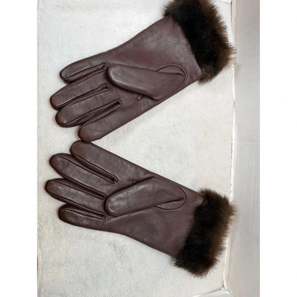 Charter Club Leather Gloves Women Large Brown Faux Fur Trim Winter RN17541